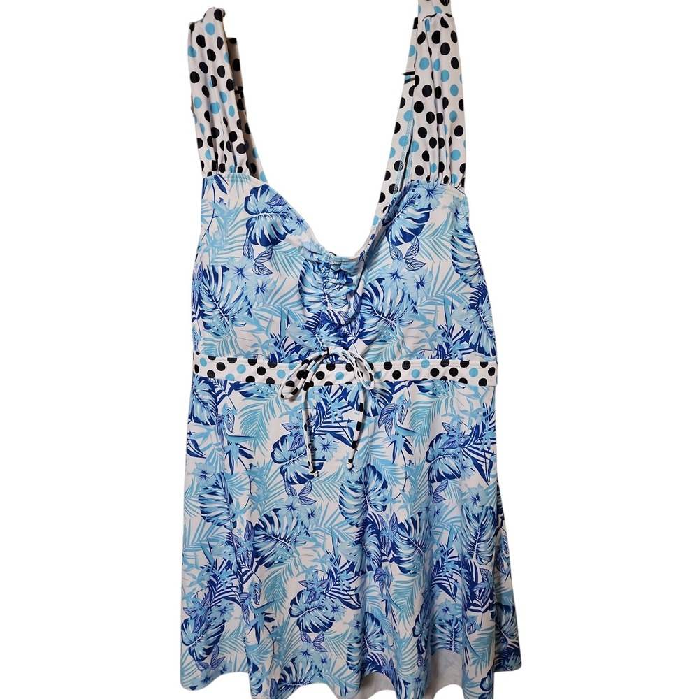 Blue Tropical Floral Polka Dot Swimdress and Shorts Two Piece Swimsuit Set 0646